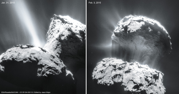 The nucleus of comet 67P/C-G as seen by Rosetta on Jan. 31(L) and Feb. 3 (R), 2015. Credits: ESA/Rosetta/NAVCAM – CC BY-SA IGO 3.0. Edited by Jason Major.